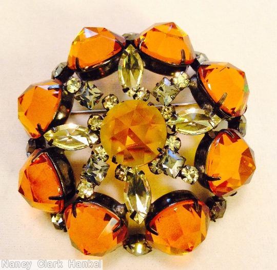 Schreiner 8 rose cut pointy stone side concave domed oval pin rose cut center clear amber clear champagne jewelry