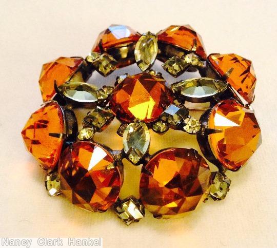 Schreiner 8 rose cut pointy stone side concave domed oval pin rose cut center clear amber clear champagne jewelry