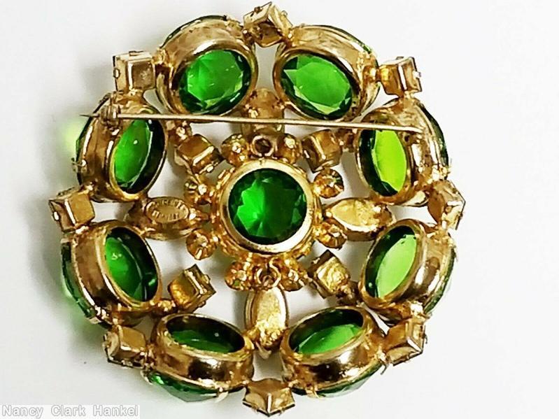 Schreiner 8 rose cut pointy stone side concave domed oval pin rose cut center green ab metalic small square stone goldtone jewelry