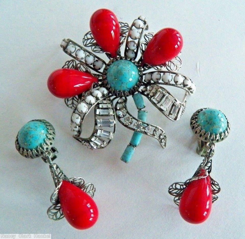 Schreiner 8 swirled wired ribbon 3 large bead filigree radial pin large chaton center turquoise red white crystal silvertone jewelry