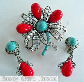 Schreiner 8 swirled wired ribbon 3 large bead filigree radial pin large chaton center turquoise red white crystal silvertone jewelry