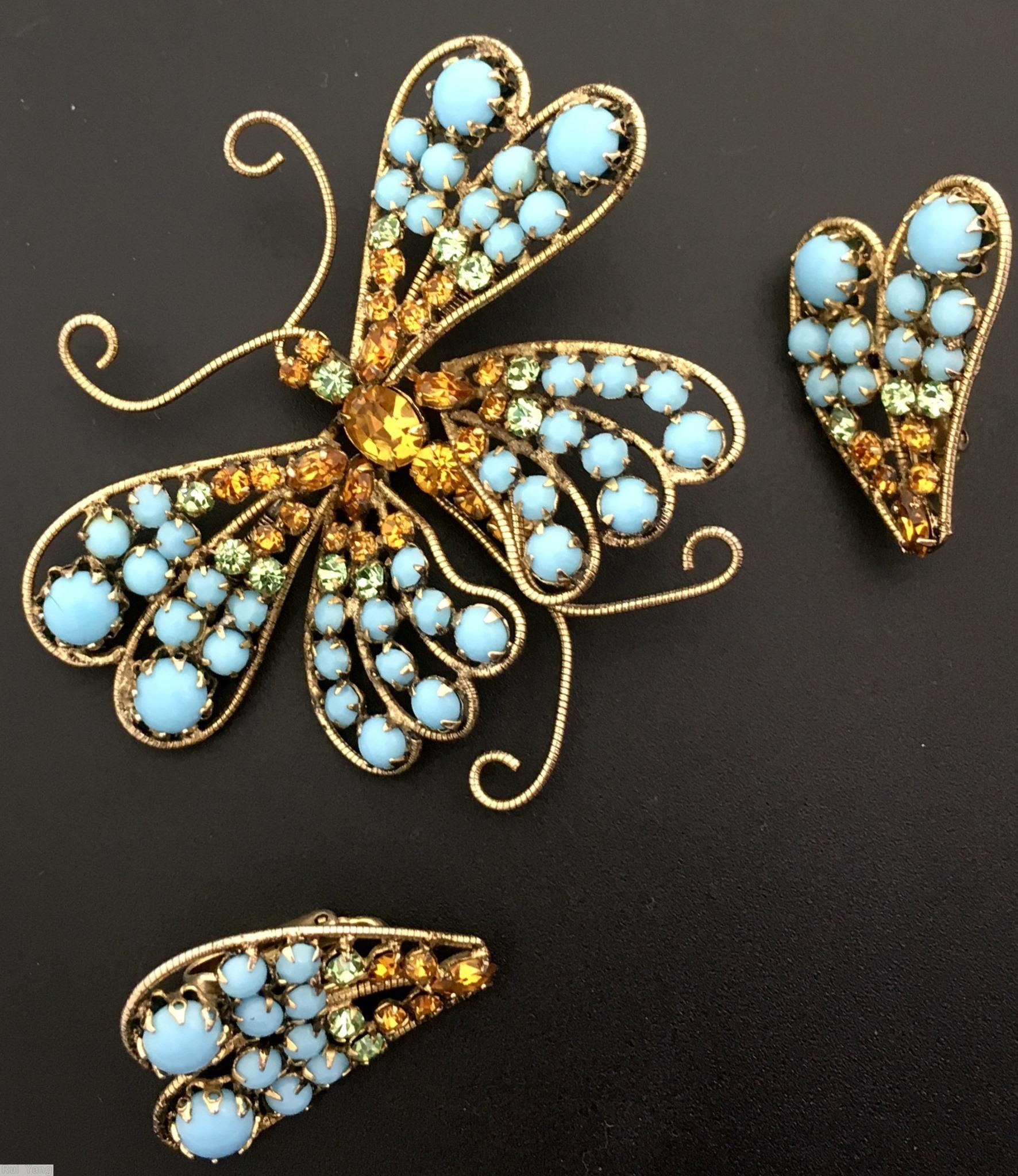 Schreiner 8 wired seeds wing butterfly opaque baby blue amber goldtone clear champgne jewelry