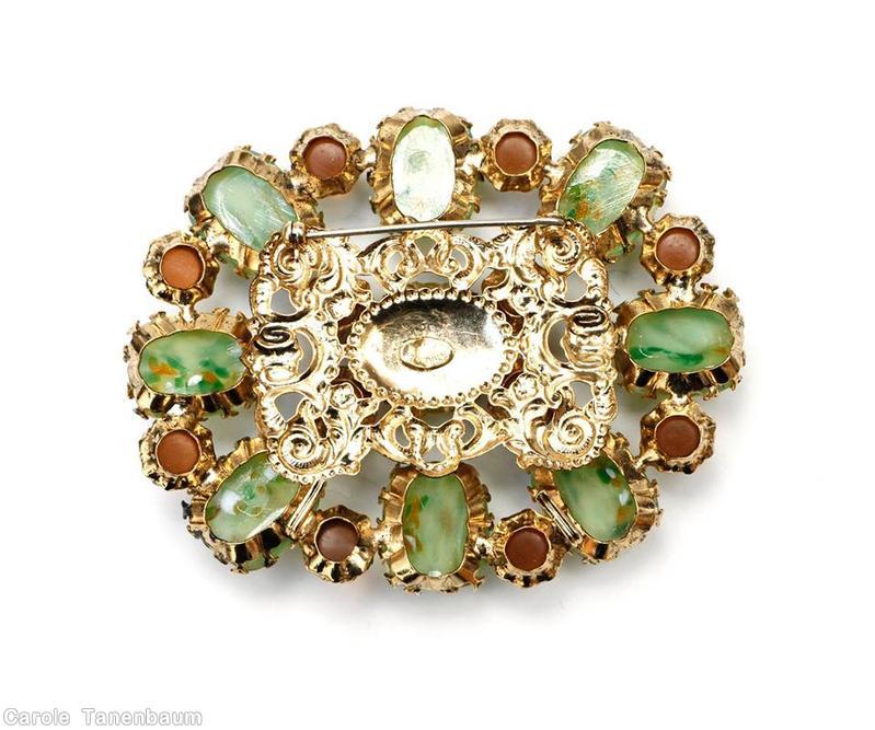 Schreiner 9 emerald cut metal deco oval pin 12 chaton multicolor speckled art glass amber goldtone jewelry