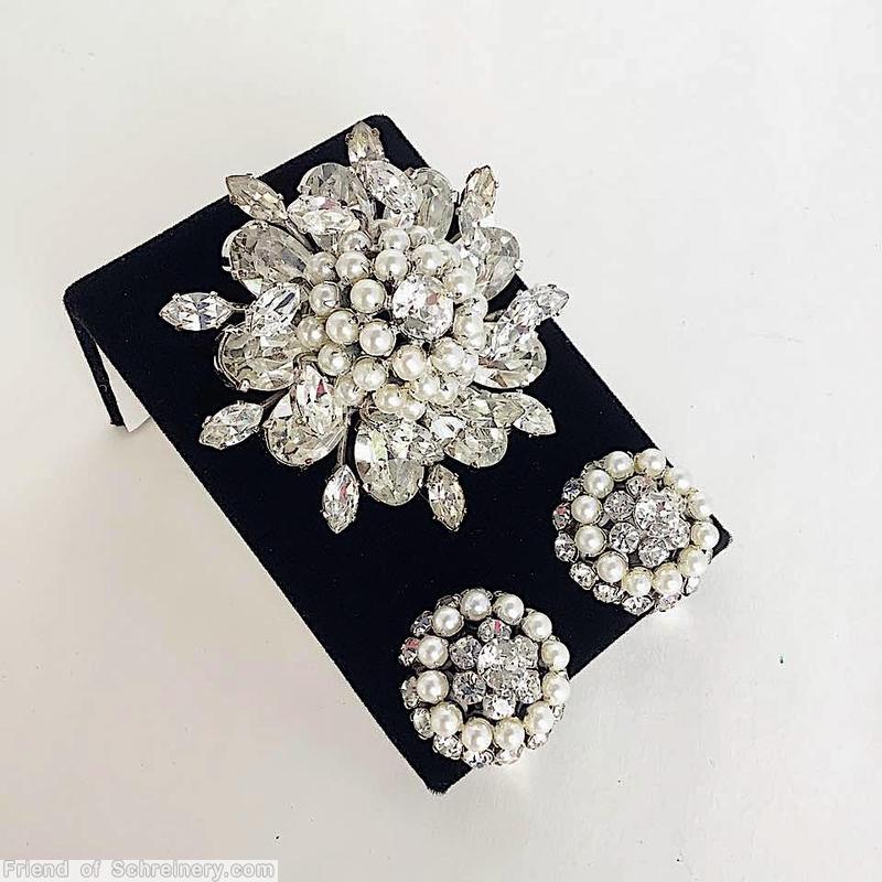 Schreiner 9 large oval cab radial round pin 2 level top level 8 tilted navette bottom level 9 navette clustered ball center crytal faux pearl seeds silvertone jewelry