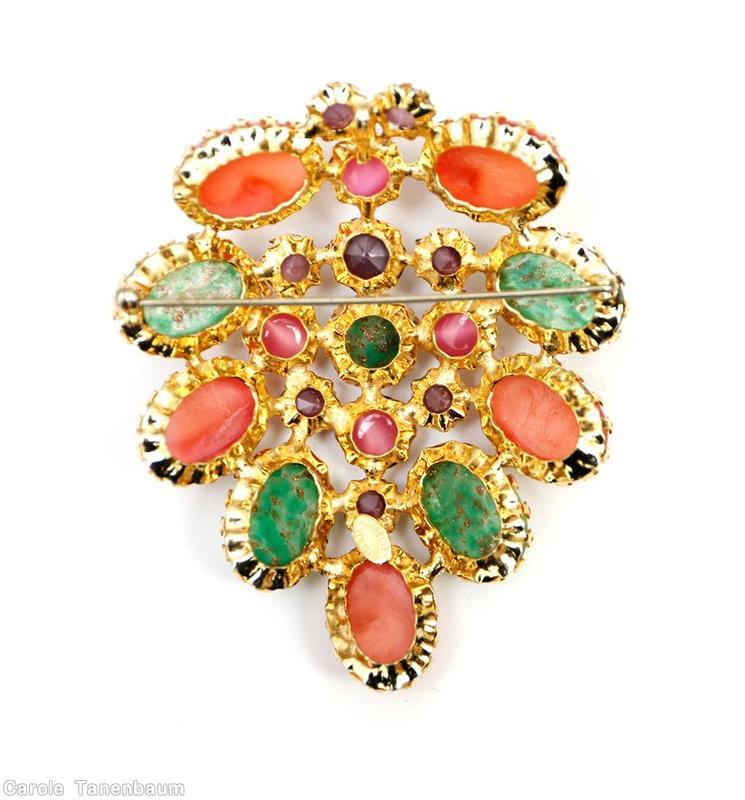 Schreiner 9 oval cab shield shaped pin coral purple gold fluss green pink jewelry