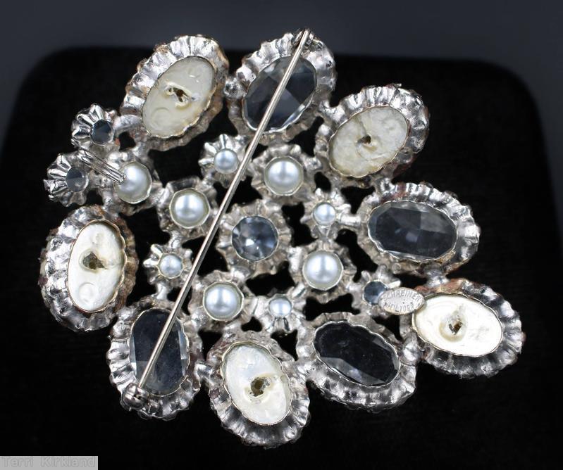 Schreiner 9 oval cab shield shaped pin large oval baroque pearl faux pearl crystal silvertone jewelry