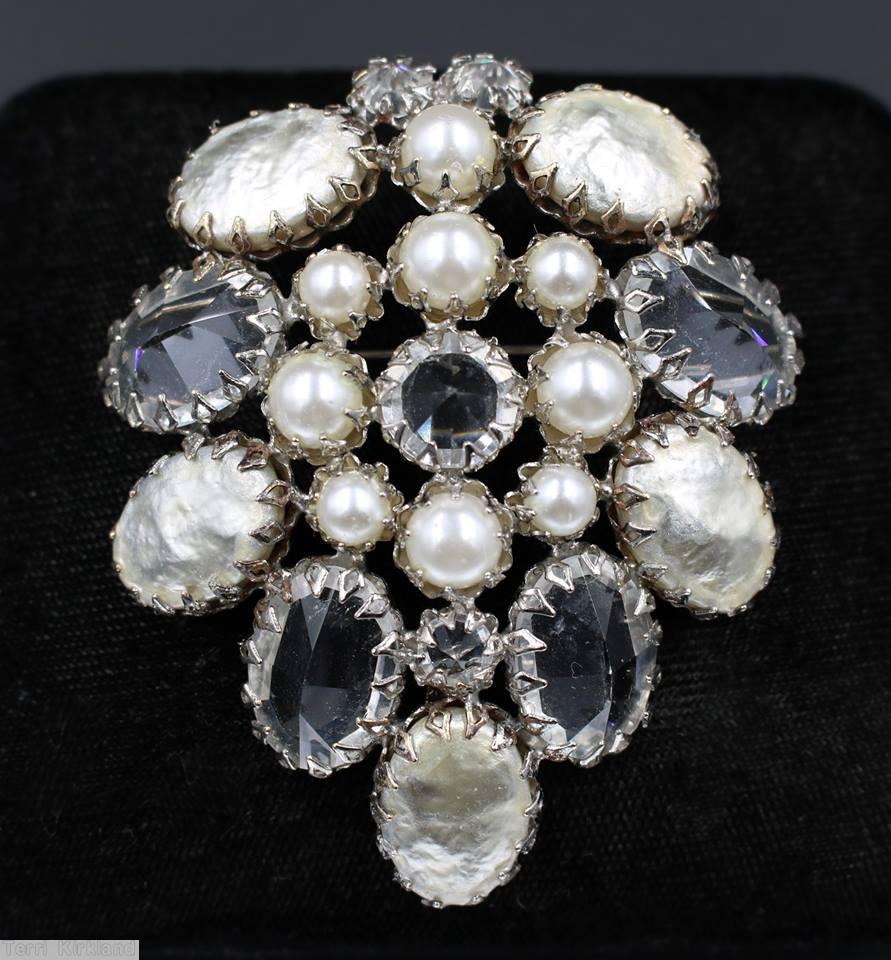 Schreiner 9 oval cab shield shaped pin large oval baroque pearl faux pearl crystal silvertone jewelry