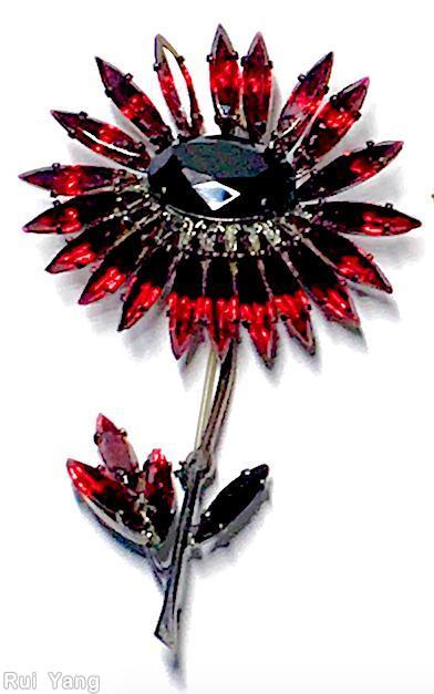 Schreiner black eye daisy pin long stem large oval center 20 petal 4 leaf dark red keystone jet faceted large oval stone jewelry