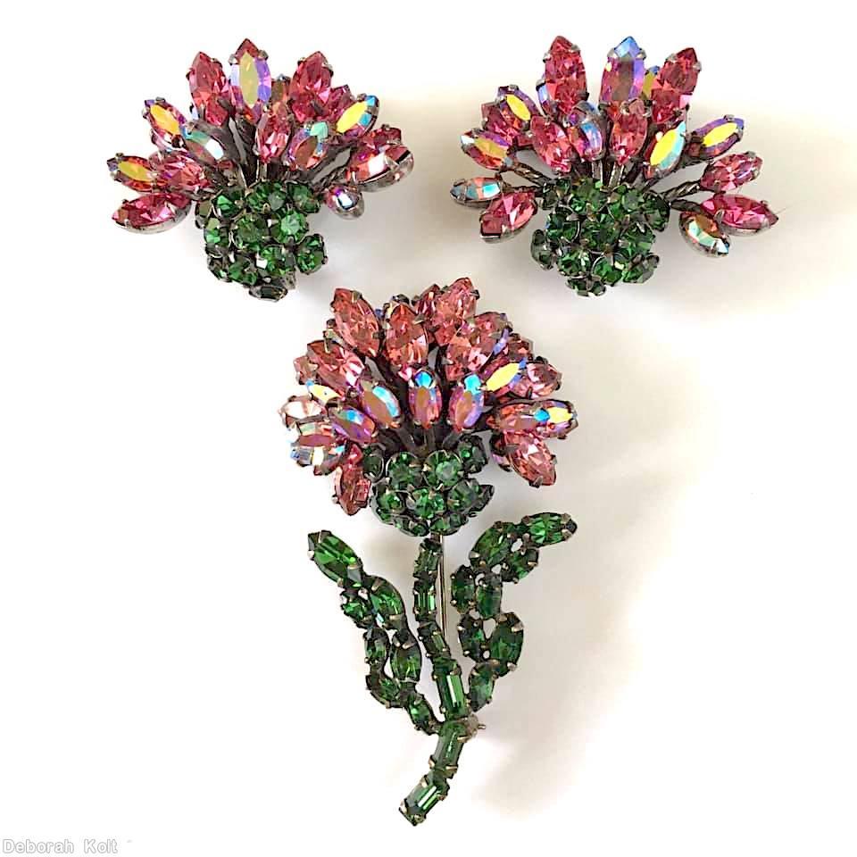 Schreiner carnation pin 6 small baguette curly stem half clustered ball receptacle 2 level petal bottom 8 petal ab pink navette petal dark green silvertone jewelry