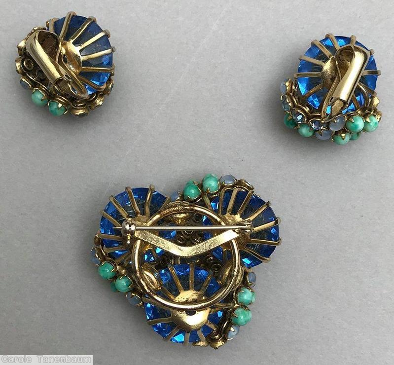 Schreiner clustered ball on top of 3 large chaton pin claw prong marina chaton moonglow blue ice blue moonglow green goldtone jewelry