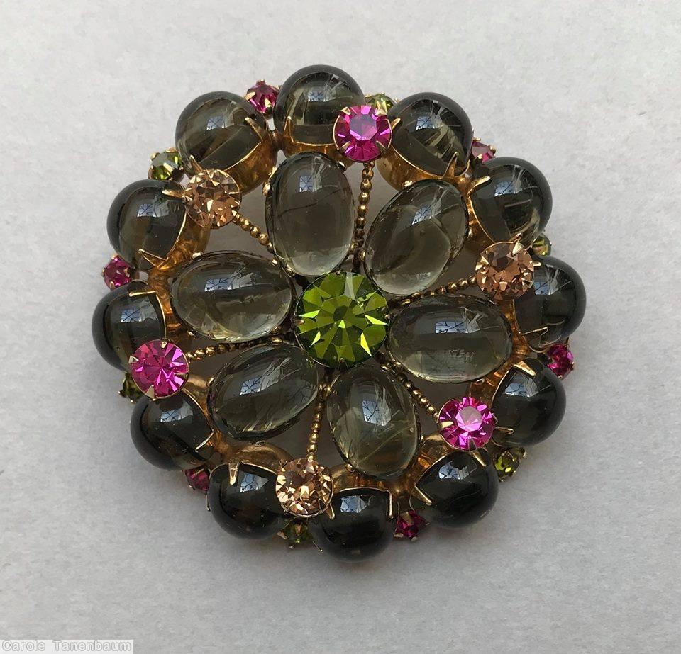 Schreiner concave pin 12 cabs side wall 6 cabs top smoke fuchsia peridot jewelry