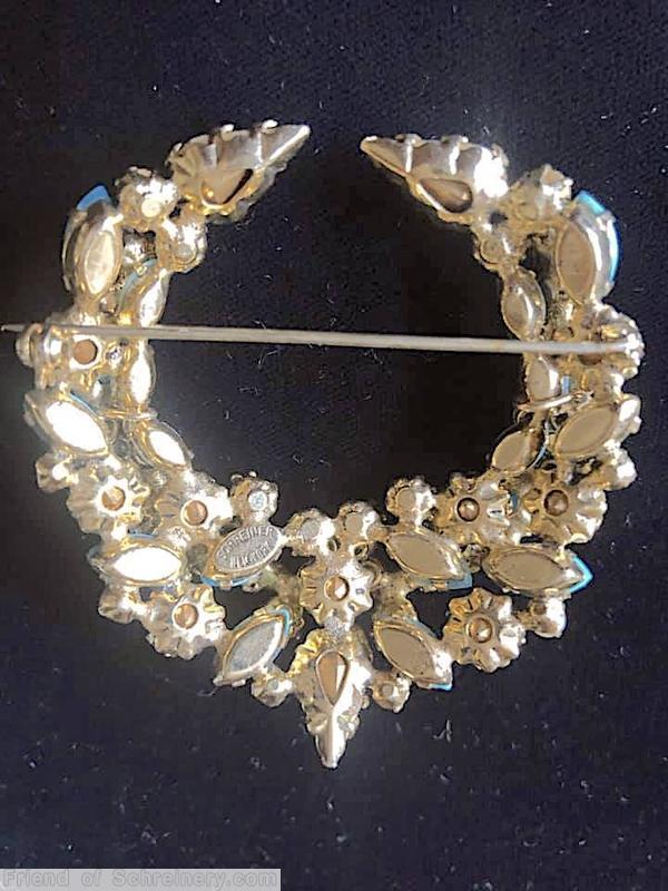Schreiner crescent pin faux pearl turquoise green teardrop peridot opaque aqua goldtone jewelry