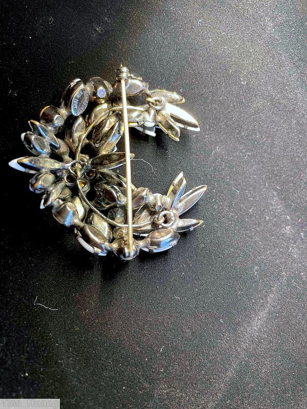 Schreiner crescent pin milk white navette crystal navette crystal flower head silvertone jewelry