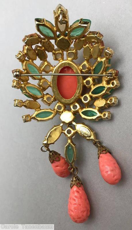 Schreiner dahlia pin large oval cab center top down 3 dangle apple green coral moonglow white peach venetian goldtone jewelry