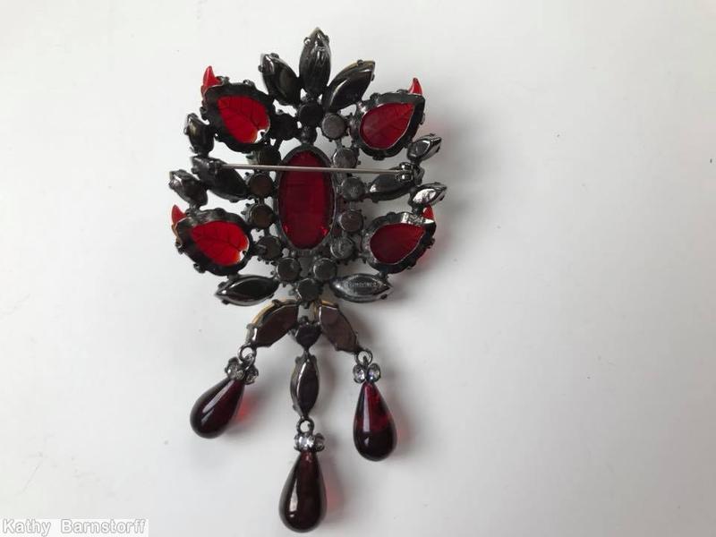 Schreiner dahlia pin large oval cab center top down 3 dangle faux pearl seeds bead dangle ruby engraved leaf jewelry