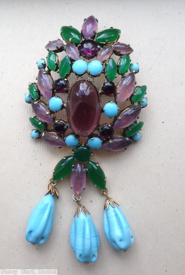 Schreiner dahlia pin large oval cab center top down 3 dangle molded glass bead aqua emerald lavender jewelry