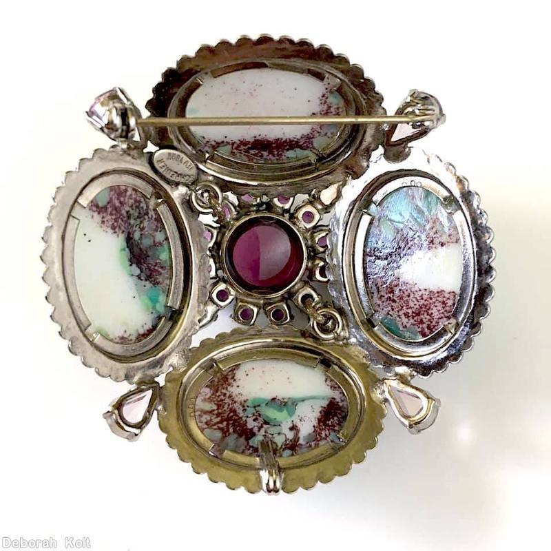 Schreiner domed 4 large oval cab sided 1 large chaton center pin 12 surrounding small chaton 4 small teardrop purple turquoise large oval cab amythst purple pale lavendar silvertone jewelry