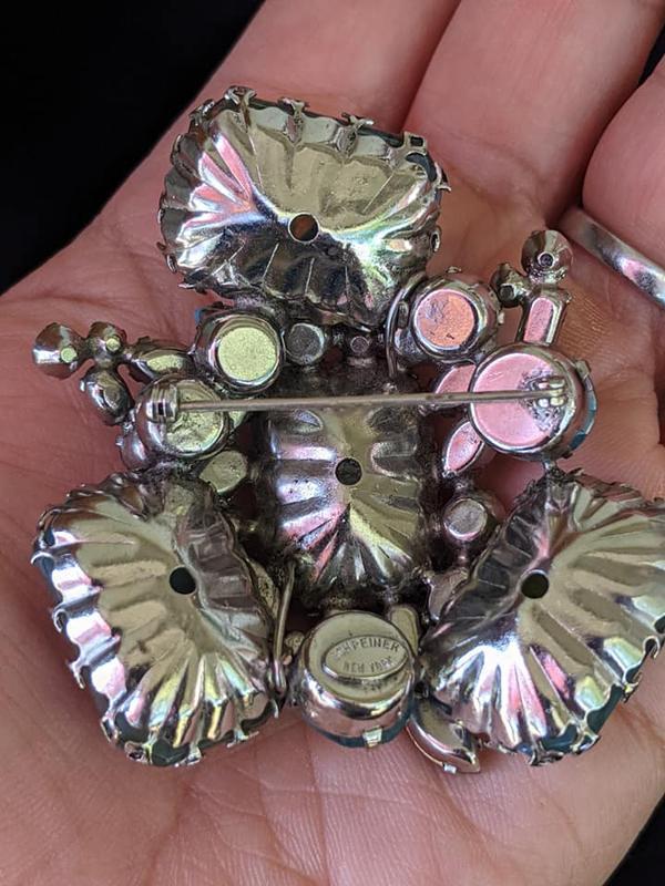 Schreiner domed center pin 1 large emerald cut swirled stone 3 surrounding large emerald cut swirled stone marbled smoky green emerald cut art glass baby blue small navette crystal faceted navette topaz silvertone jewelry