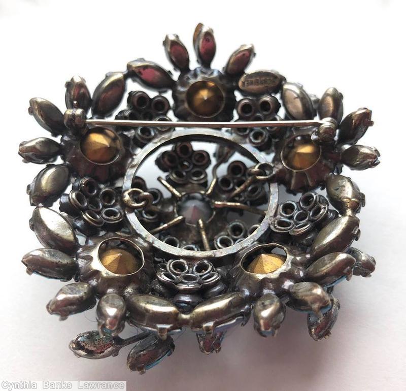 Schreiner domed pentagon shaped pin 10 clustered flower 5 large chaton chaton center blue smoky blue jewelry