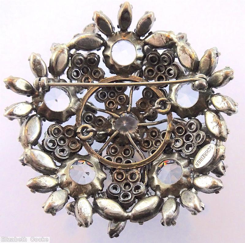 Schreiner domed pentagon shaped pin 10 clustered flower 5 large chaton chaton center crystal ab jewelry