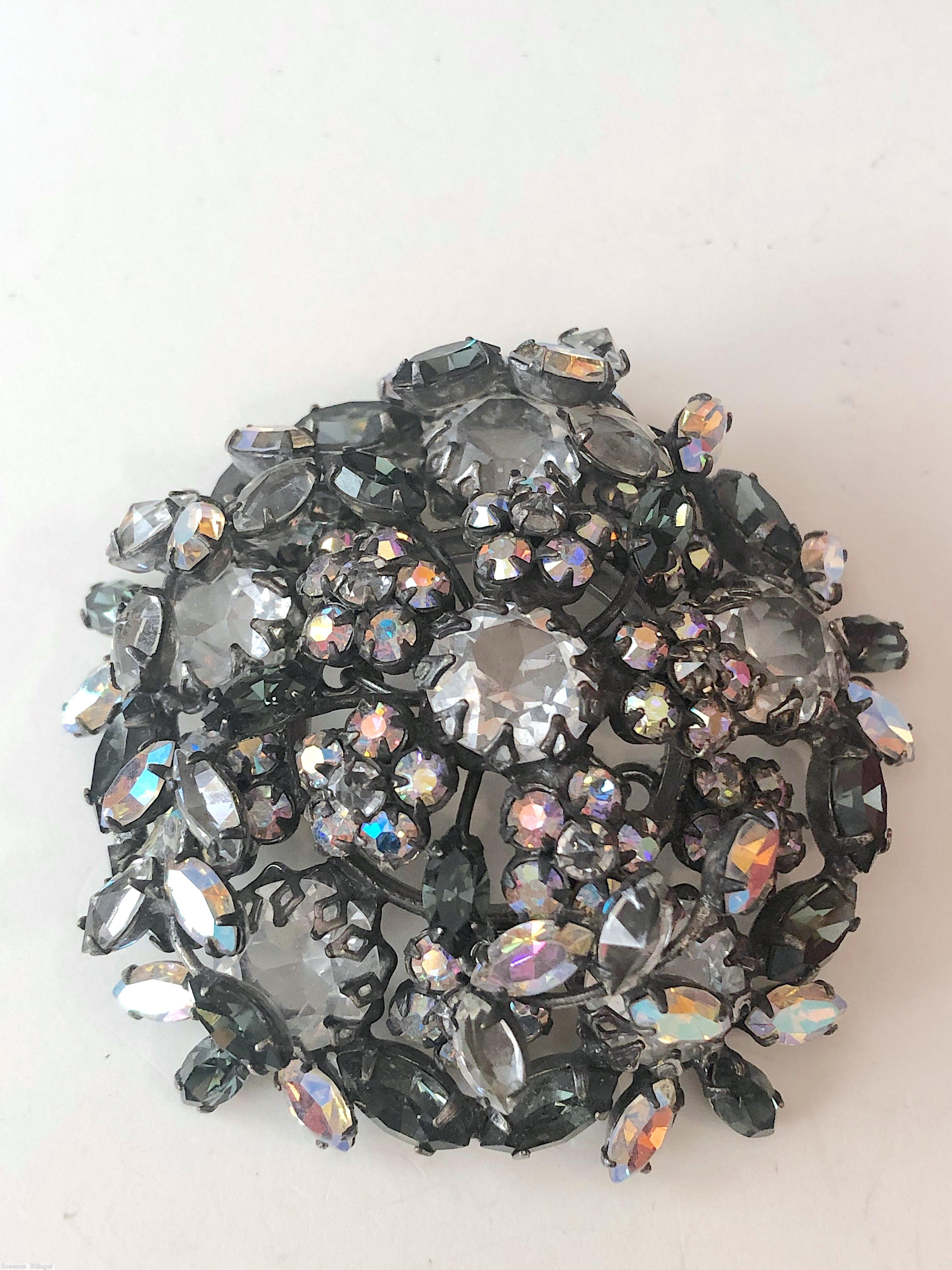 Schreiner domed pentagon shaped pin 10 clustered flower 5 large chaton chaton center crystal smoky ab jewelry