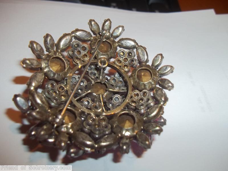 Schreiner domed pentagon shaped pin 10 clustered flower 5 large chaton chaton center pink jewelry