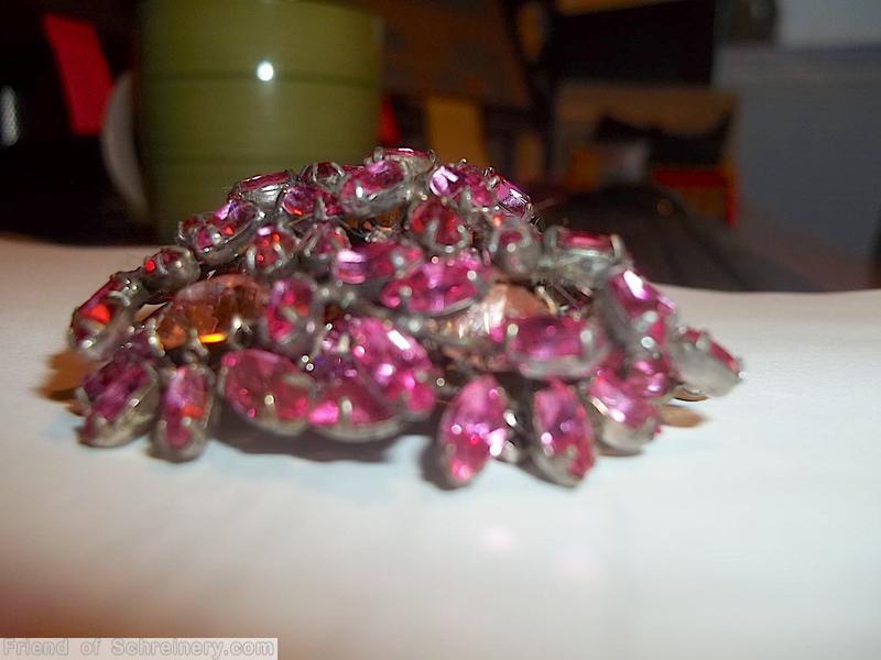 Schreiner domed pentagon shaped pin 10 clustered flower 5 large chaton chaton center pink jewelry