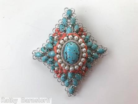 Schreiner domed radial diamond shaped pin large oval center 18 surrounding small chaton 18 navette scrollwork turquoise matrix coral faux pearl silvertone jewelry