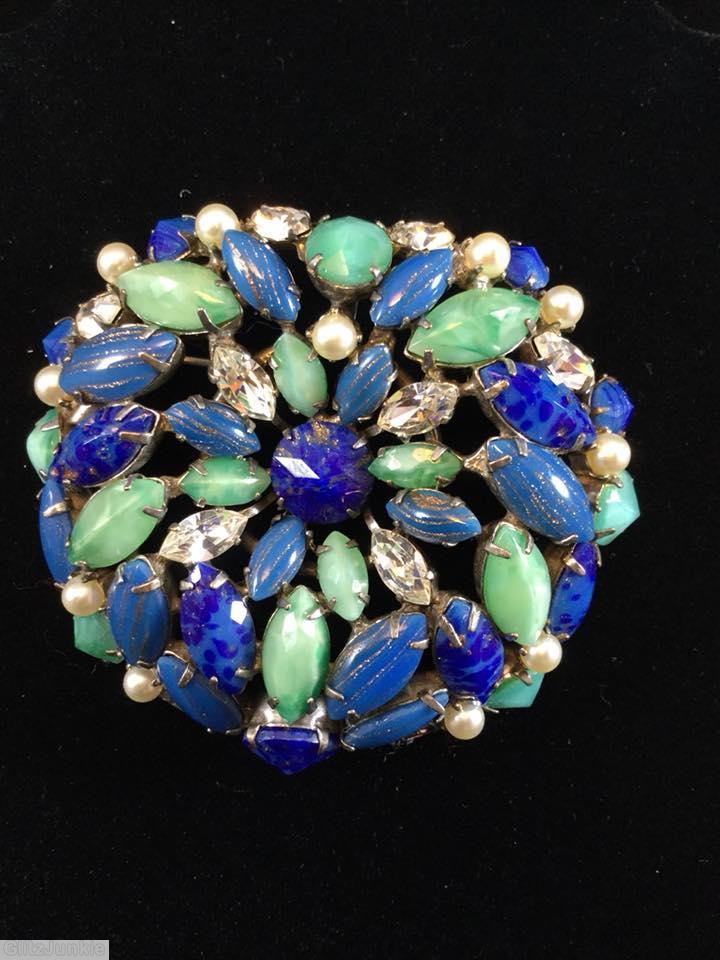 Schreiner domed radial flat top round pin chaton center 12 surrounding small navette lapis gold fluss pale blue moonglow green crystal faux pearl seeds jewelry