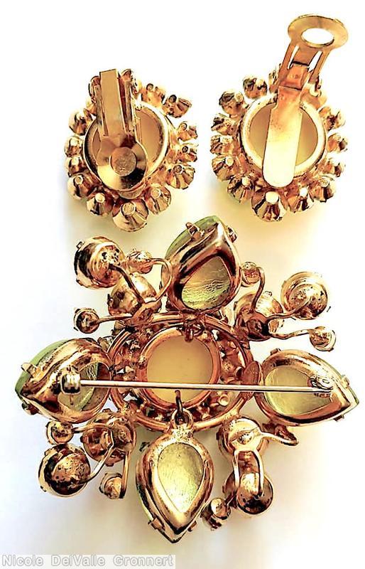 Schreiner domed radial pin large round rose cut art glass center 14 surrounding stone 4 large teardrop 8 small branch hook eye green lime large round rose cut stone celery clear champgne goldtone jewelry
