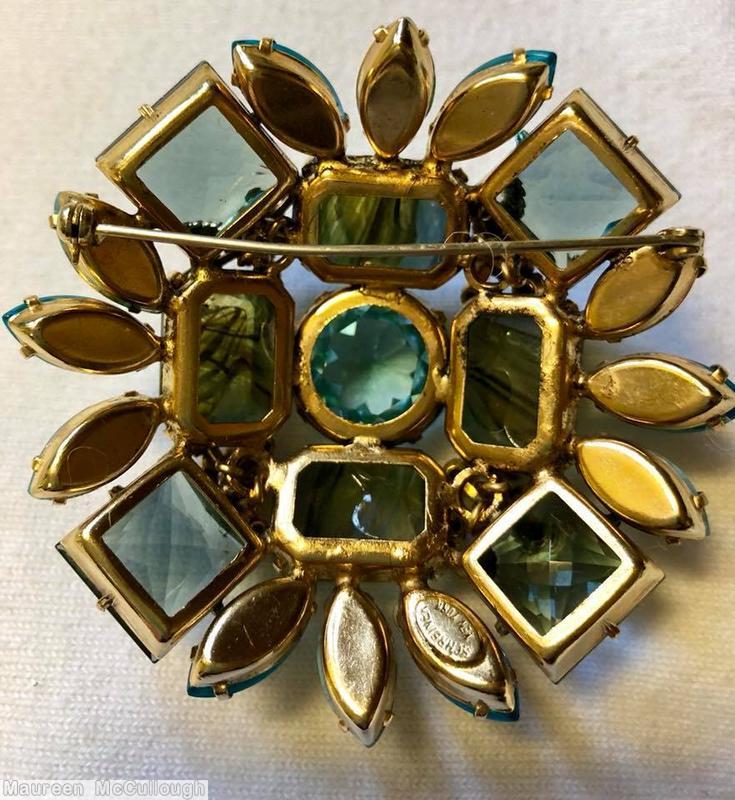 Schreiner domed radial square pin 4 large square corner stone 4 large emerald cut side large chaton center marbled smoke clear aqua turquoise peridot amber jewelry