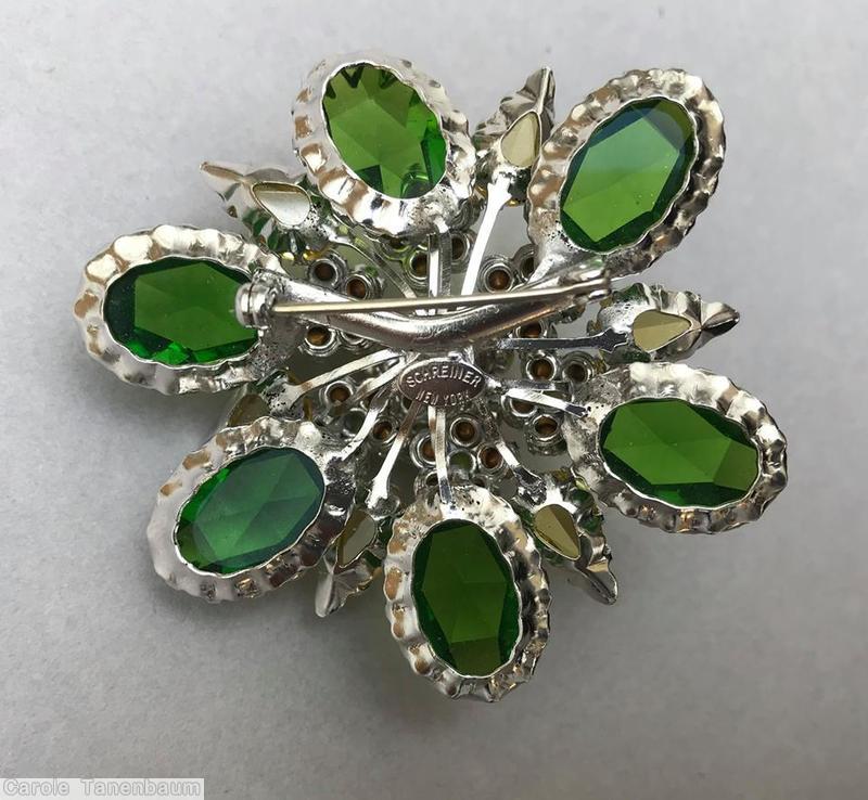 Schreiner double 6 radial pin 6 large oval cab 6 teardrop large clustered ball rose cut green champagne celery crystal jewelry