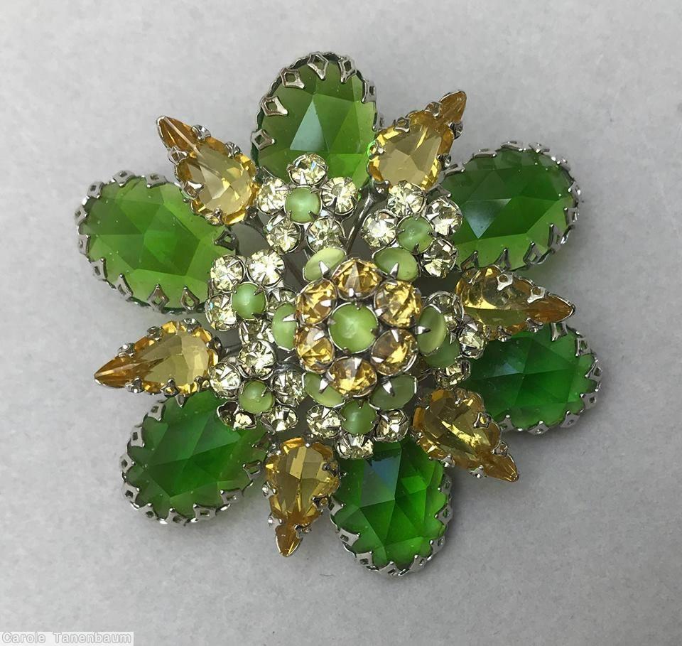 Schreiner double 6 radial pin 6 large oval cab 6 teardrop large clustered ball rose cut green champagne celery crystal jewelry