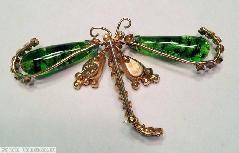 Schreiner elongated teardrop wing dragonfly pin 7 small stone in a row 10 chaton body black marbled clear green lime coral faux pearl seeds jet jewelry