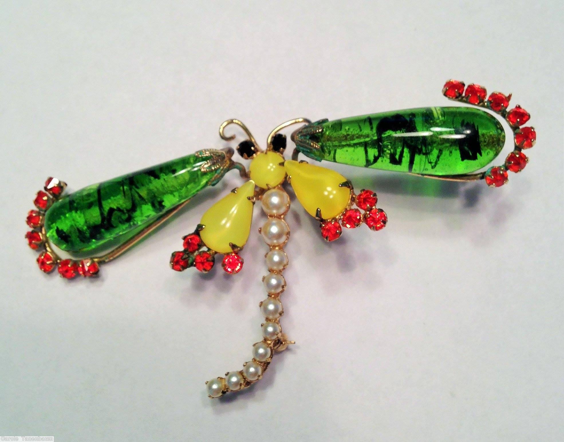 Schreiner elongated teardrop wing dragonfly pin 7 small stone in a row 10 chaton body black marbled clear green lime coral faux pearl seeds jet jewelry