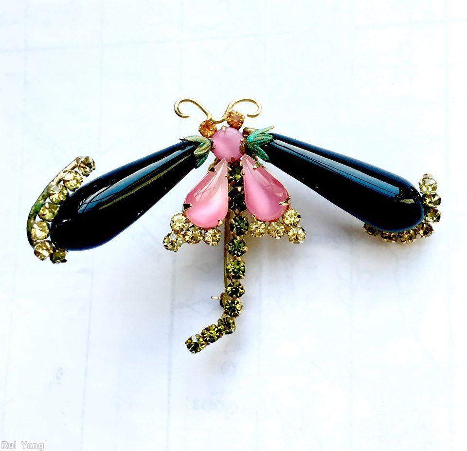 Schreiner elongated teardrop wing dragonfly pin 7 small stone in a row 10 chaton body jet moonglow pink peridot clear champagne amber jewelry