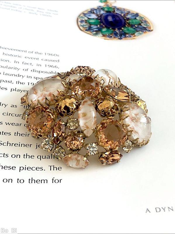 Schreiner end of day domed round pin white venetian large oval cab peach large faceted round stone brown metalic chaton topaz navette crystal small chaton goldtone jewelry