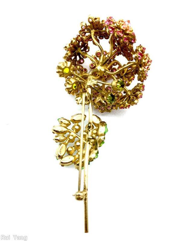 Schreiner geranium pin 13 clustered flower ball long stem pink fuchsia green amber peridot jewelry