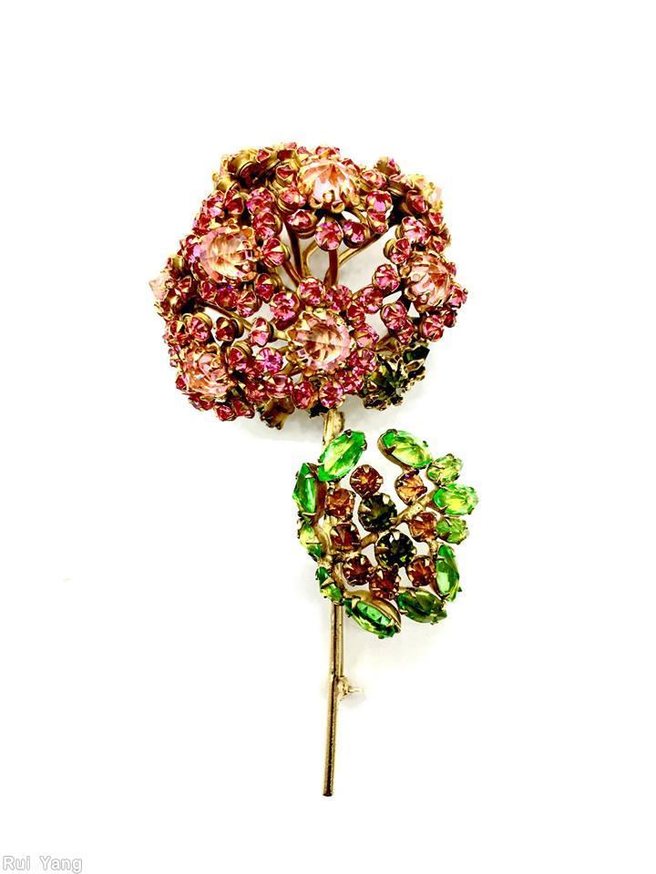Schreiner geranium pin 13 clustered flower ball long stem pink fuchsia green amber peridot jewelry