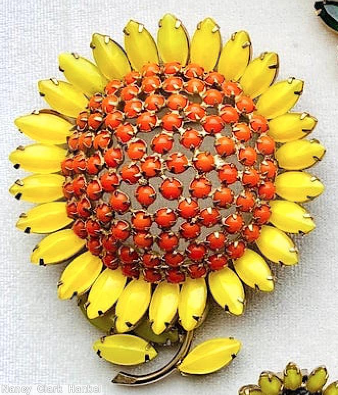 Schreiner giant sunflower pin lime coral jewelry