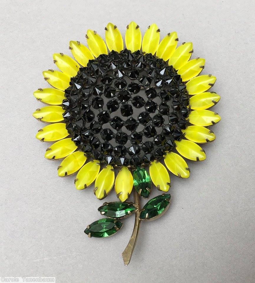 Schreiner giant sunflower pin lime emerald jet inverted jewelry