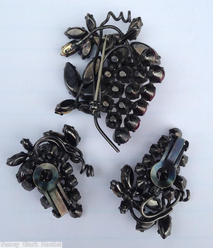 Schreiner grape pin 16 chaton 3 leaf branch ruby emerald japanned jewelry