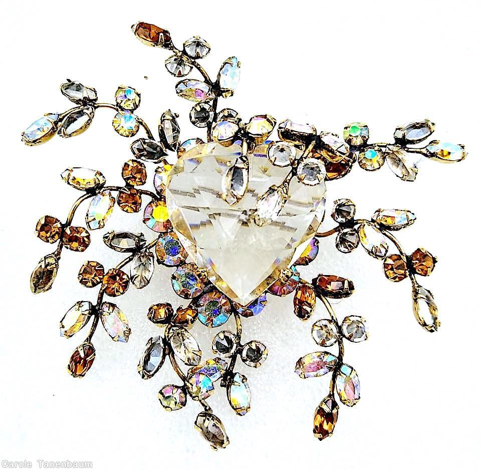 Schreiner heart shaped center stone 11 branch sprawling pin crystal heart shaped faceted stone amber crystal jewelry