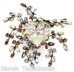 Schreiner heart shaped center stone 11 branch sprawling pin crystal heart shaped faceted stone amber crystal jewelry