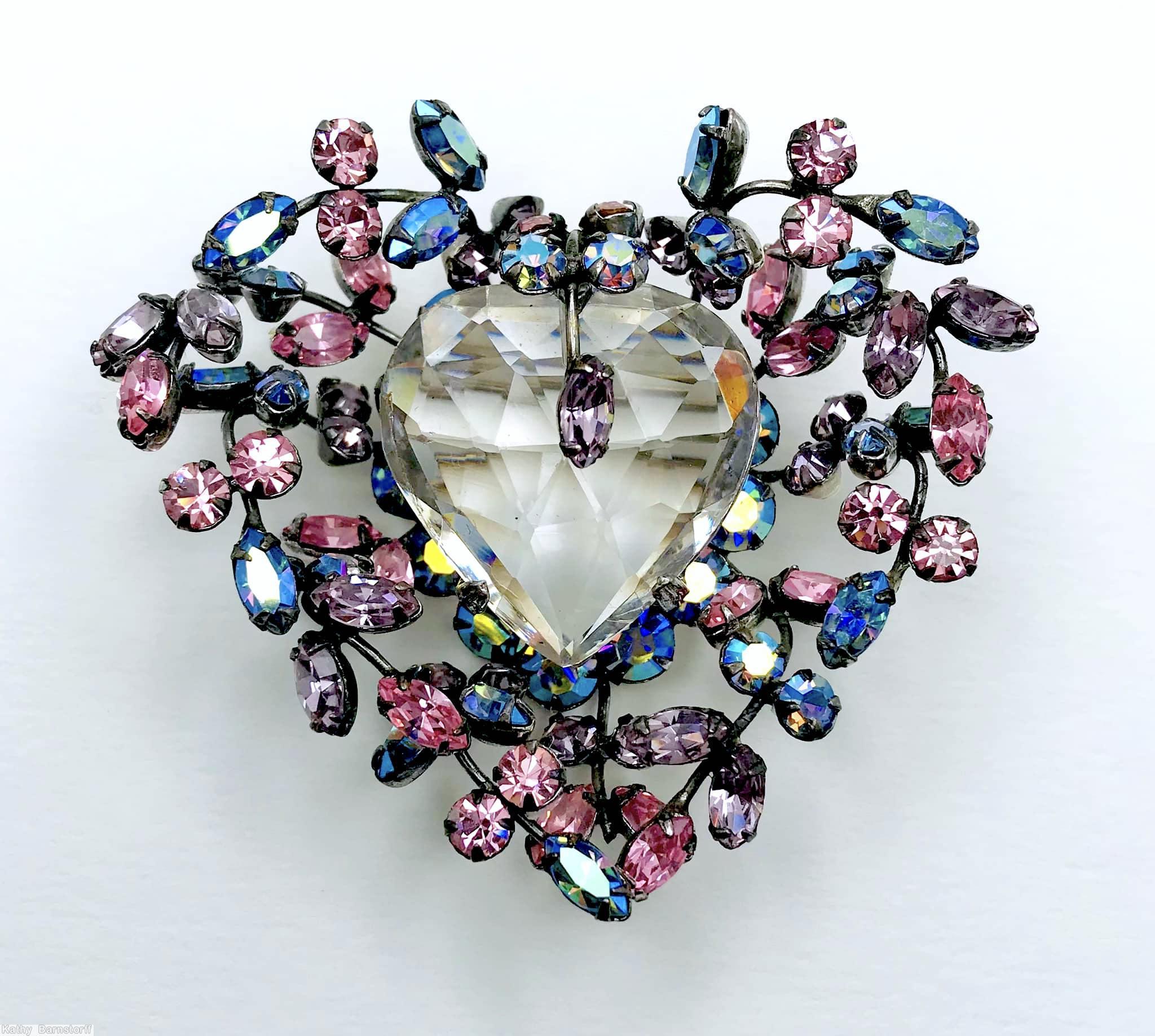 Schreiner heart shaped center stone 11 branch sprawling pin crystal heart shaped faceted stone pink small chaton ab blue small navette jewelry