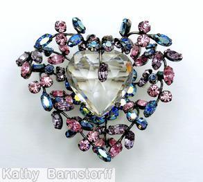 Schreiner heart shaped center stone 11 branch sprawling pin crystal heart shaped faceted stone pink small chaton ab blue small navette jewelry