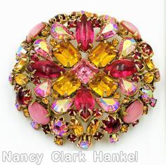 Schreiner hexagonal domed radial concave flat top pin small chaton center 6 surrounding navette 6 round stone on side wall amber emerald cut fuschia navette ab faceted teardrop moonglow opaque pink ruby chaton goldtone jewelry