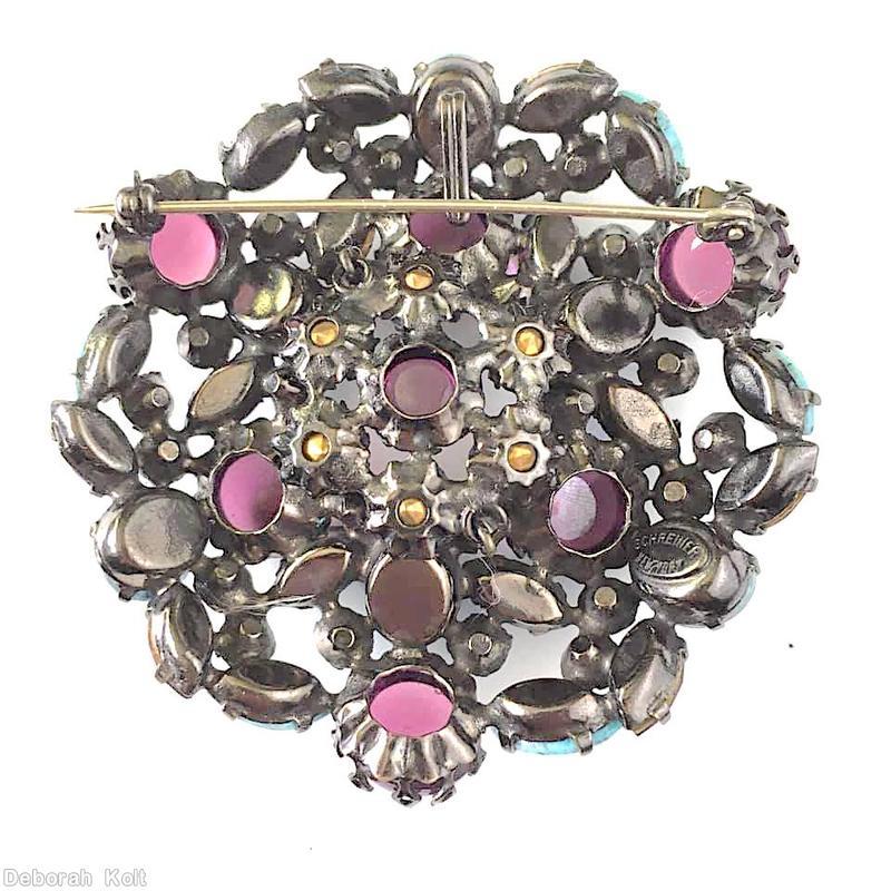 Schreiner hexagonal domed radial concave flat top pin small chaton center 6 surrounding navette 6 round stone on side wall turquoise amythst pale pink pale aqua purple navette jewelry