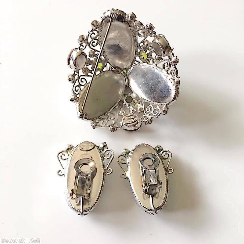 Schreiner high domed radial 3 large oval cab pin scrollwork 3 large chaton 21 small chaton brown marbled turquoise large oval cab peridot topaz silvertone jewelry