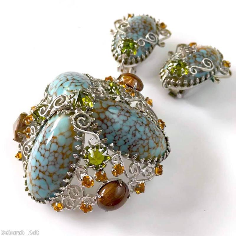 Schreiner high domed radial 3 large oval cab pin scrollwork 3 large chaton 21 small chaton brown marbled turquoise large oval cab peridot topaz silvertone jewelry